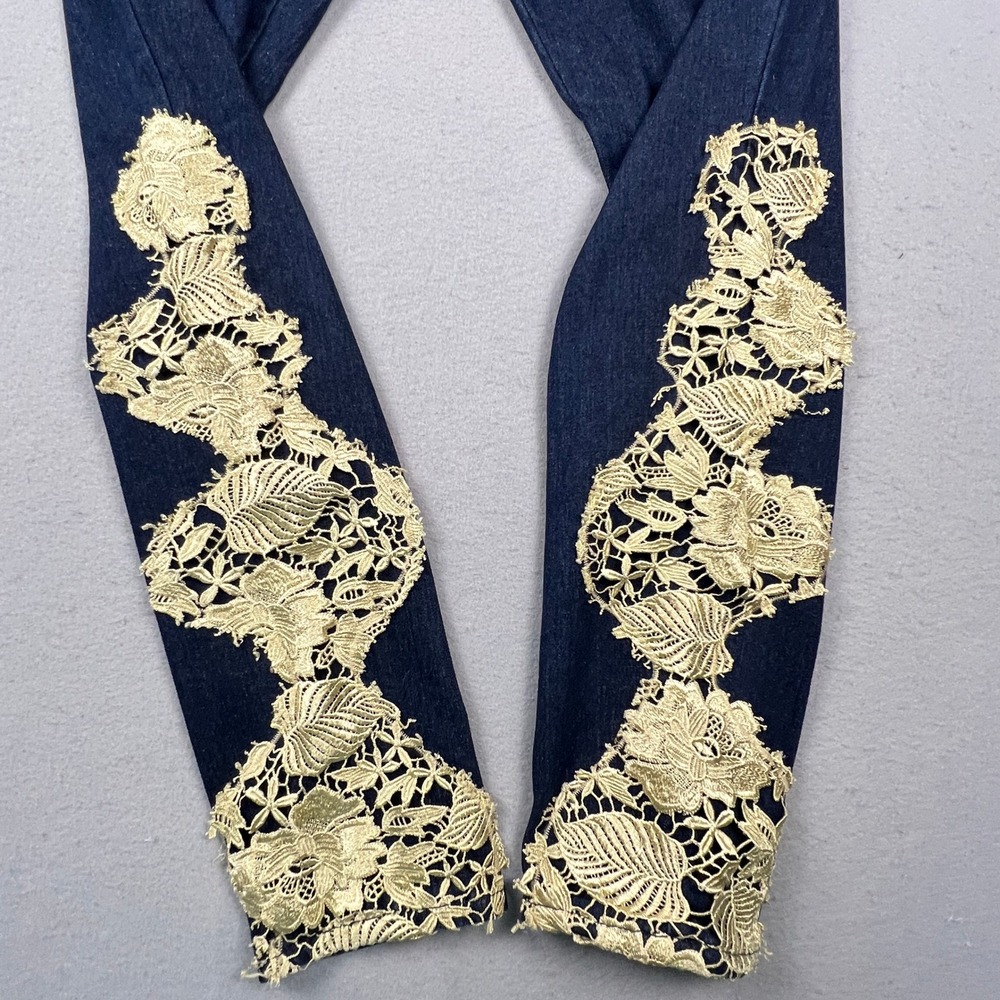 K. Jordan Lace Applique Jeans Womens 16 Blue Dark Wash Skinny Boho Denim Pants - Picture 7 of 13